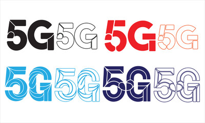 Multiple 5g logo designs in various colors and digital styles