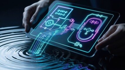 Tablet displaying circuit board design submerged in rippling water, futuristic concept