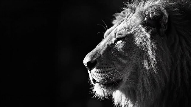 A majestic lion's profile illuminated by subtle light in a dark environment