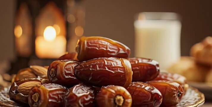 A close-up shot of delicious dates piled on a plate, with a glass of milk and a glowing candle in the background, creating a warm and inviting atmosphere.