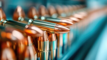 A striking close-up of polished bullets designed with meticulous detail, capturing the essence of manufacturing excellence and precision engineering in the context of modern firearms and ammunition.