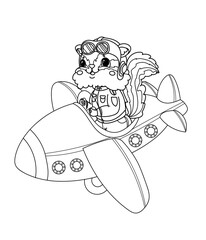 Vector illustration children's coloring book about professions. Linear chipmunk pilot
