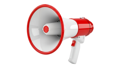 Red and white megaphone on black background loudspeaker