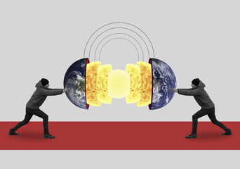 Collage art with a two men and divided Earth	