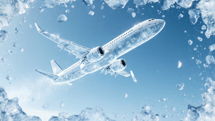 Passenger airplane flying above snowy landscape during winter flight