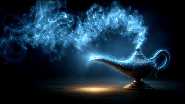 Precious golden magic lamp with smoke and glittering sparkles on sand. Arabian night. Fairy tale, fantasy and wish fulfillment concept. Genie lamp. Make a wish