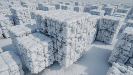 Large stacked ice cubes forming maze like structure in winter landscape