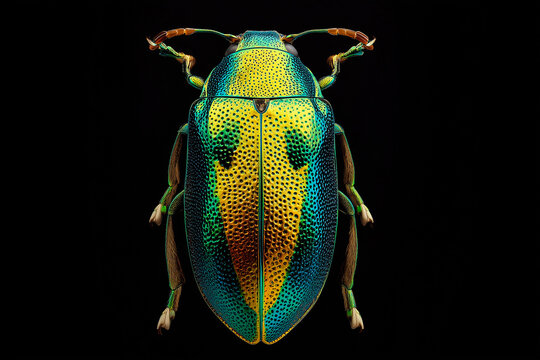 Emerald jewel beetle with iridescent wings on black background