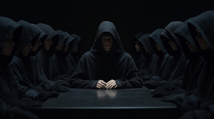 group of people in black clothes with hoods, meetings of a secret mystical organization in a dark room in black clothes, generative ai