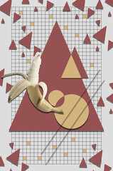 Collage with a banana with condom	against abstract background