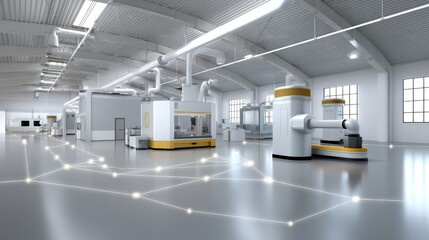 Modern industrial factory interior with high-tech machinery, clean lines, bright lighting, spacious layout, technologically advanced equipment, and open design
