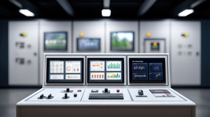 Fototapeta premium Modern control room with advanced monitoring systems and graphical displays for data analysis and process management in industrial settings