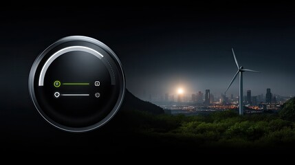 Modern technology concept featuring digital interface, wind turbine, urban skyline, and sunset background representing clean energy innovation and sustainability
