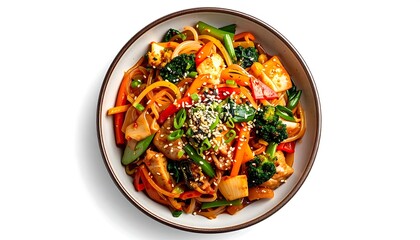 Colorful noodle stir-fry with vegetables & protein, presented in a bowl on a white background