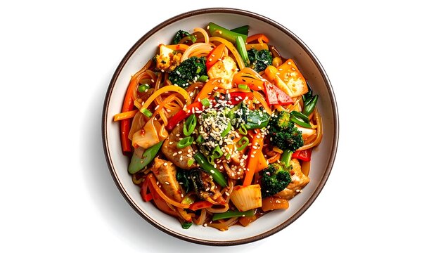 Colorful noodle stir-fry with vegetables & protein, presented in a bowl on a white background