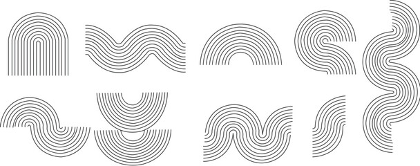 Black line boho style arch and wave set. Mid century linear curve shape collection. Decorative arc elements for graphic design template, poster, banner, cover, Vector wavy and zigzag stripes. 