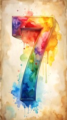 Colorful number seven painted with watercolors on an old-fashioned paper with stains and a blurred background