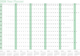 Annual planner calendar template for 2026. A green vector illustration for scheduling tasks. Minimalist yearly calendar template 2026 for agenda and time management. Printable organization tool