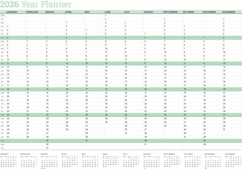 Yearly planner calendar template 2026. Green vector illustration for scheduling and organizing. Clean layout for business or personal planning. Printable yearly calendar template 2026 for agenda