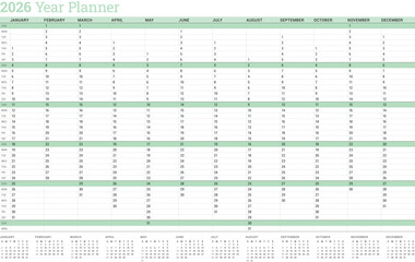 Yearly planner calendar template 2026. A green vector illustration for organizing daily tasks. A clean yearly calendar template 2026 for agenda and scheduling. Printable business organizer