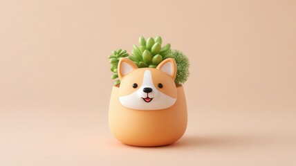 Corgi dog face planter holding green succulents in a cute, happy, and minimalist home decor concept