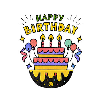 Happy birthday text with balloons and cake on transparent background