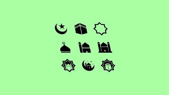 Islamic icons representing religious symbols and architecture animation on a color background.