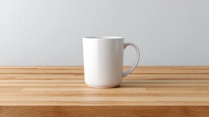 Simple White Ceramic Mug on Wooden Table Surface with Soft Background, Minimalist Design for Coffee or Tea Drinking Experience
