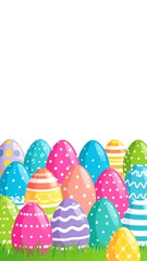 Colorful patterned Easter eggs nestled among blades of vibrant green grass against a bright white backdrop