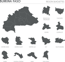 Burkina Faso region silhouettes set and blank map of the country isolated on white background. Vector illustration design