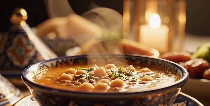 Steaming bowl of traditional Moroccan harira soup with chickpeas and lentils, served in a decorative blue bowl with a warm candlelit background.