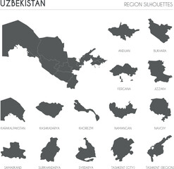 Uzbekistan region silhouettes set and blank map of the country isolated on white background. Vector illustration design