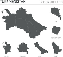 Turkmenistan region silhouettes set and blank map of the country isolated on white background. Vector illustration design