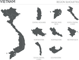 Vietnam region silhouettes set and blank map of the country isolated on white background. Vector illustration design