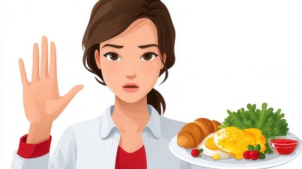Woman refusing unhealthy food choosing healthy diet with stop gesture advocating balanced nutrition and wellness