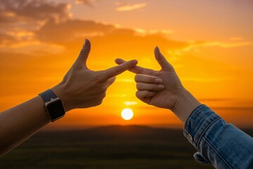 Couple's hands forming heart shape against vibrant orange sunset sky with clouds with love and romance and tender with warmth