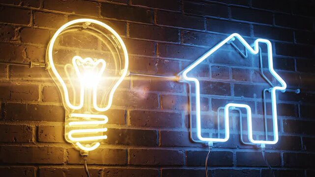 Vibrant neon light bulb and house signs illuminate a dark brick wall symbolizing energy efficiency smart home technology and sustainable living concepts for modern residences and innovative solutions. - Powered by Adobe