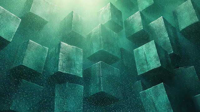 Abstract 3d rendering portraying weathered stone like cubes floating in a mysterious and ethereal green mist, with light rays piercing through the atmospheric environment