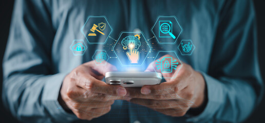 AI Governance and Human-in-the-loop ethical control concept. Person using tablet and stylus to oversee artificial intelligence decision making, security, compliance, and transparency icons