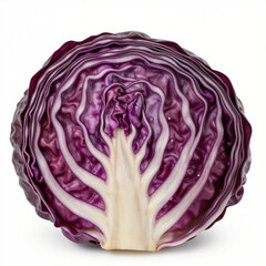 Obraz premium Close-up of a fresh red cabbage half with tightly layered purple leaves and a pale white core on a pure white background