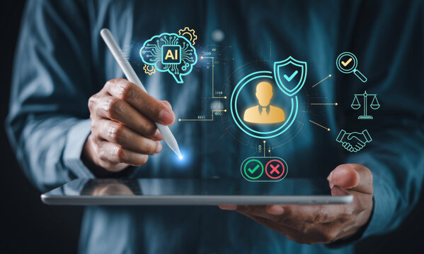 AI Governance and Human-in-the-loop ethical control concept. Person using tablet and stylus to oversee artificial intelligence decision making, security, compliance, and transparency icons
