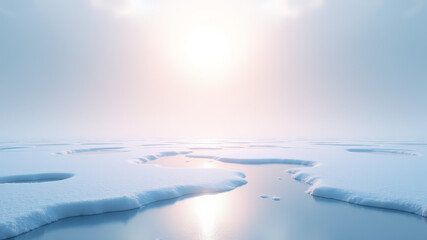 High altitude photo of icy sea and snowy coastline at sunrise
