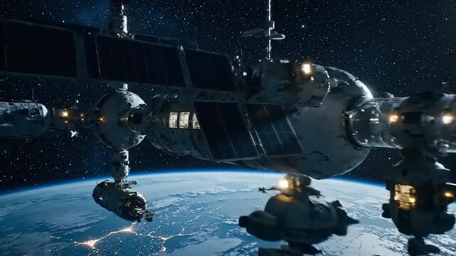Space Station Orbiting Earth with Shuttles in Outer Space Environment