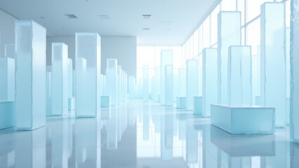 Office interior with frosted glass walls covered in icy patterns
