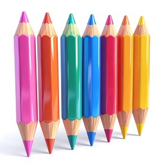 Colorful row of vibrant pencils, angled slightly, casts subtle shadows on a clean, white surface with smooth, 3D appearance