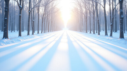 Winter sunrise shining through snowy forest with long soft shadows