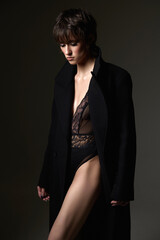 short hair girl in black coat and underwear