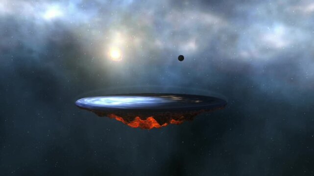 A large, flat, disc-shaped celestial body with a fiery underside floats in space beneath a smaller dark sphere.