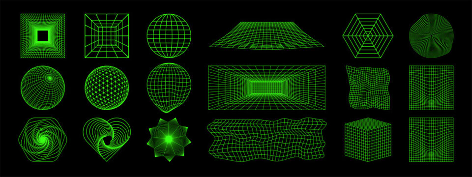 Set of different neon green wireframes isolated on black background. Modern futuristick, cyberpunk or techno grids. Circle, square, cube and room surfaces with meshed texture. Vector illustration