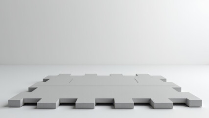 White minimalist platform with single square tile and snowy background
